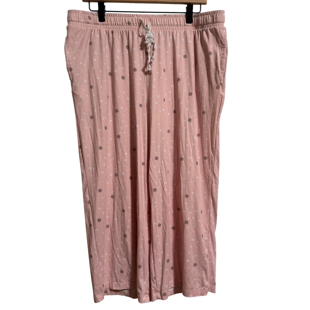 DKNY Womens XL Pink Star Print Wide Leg Pajama Pants Pockets Drawstring Lounge